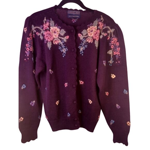 VTG Herman Geist Hand Embroidered Cardigan Sweater Sz Medium Aubergine Cottage - Picture 1 of 7